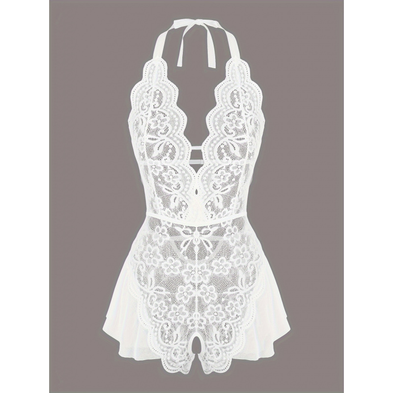 Lace Teddy Lingerie - Charming Lace Mesh Teddy, Scalloped Trim