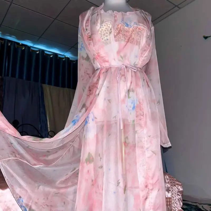 Robe Silk Women - Pink Silk Printed See Through Suspender