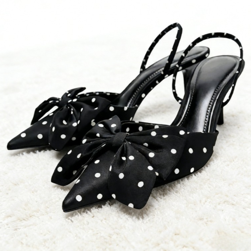 Slip Dress Satin - Brown Polka Dot Butterfly Knot Decoration