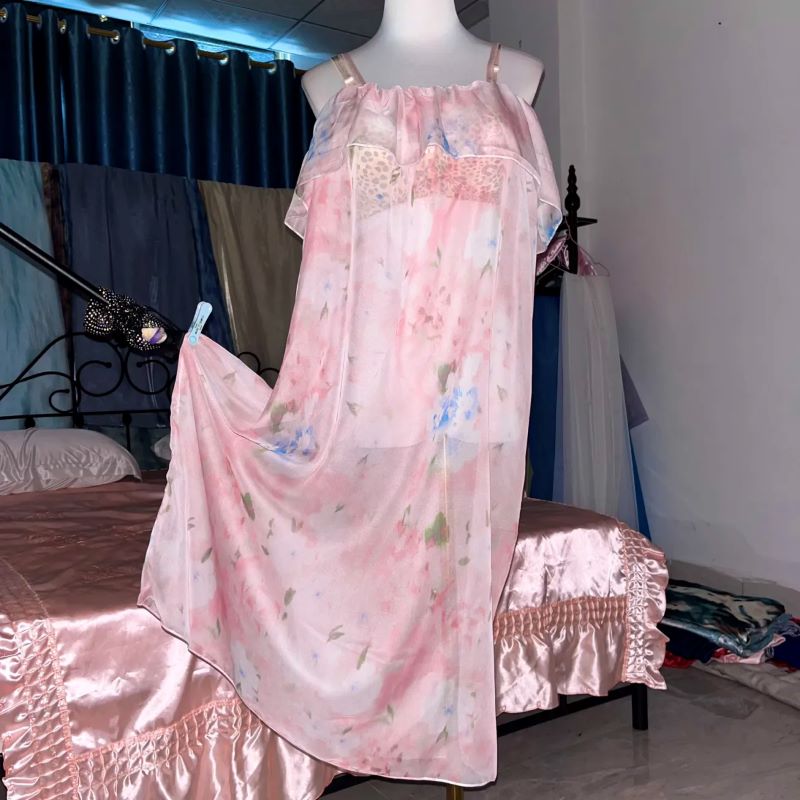 Pink Silk Printed See Through  - Robe Silk Women 评论和价格